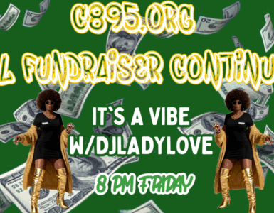 romotional image for C895.org fall fundraiser featuring two figures dancing, scattered dollar bills in the background, and text announcing "Fall Fundraiser Continues", "It's a Vibe w/DJLadyLove, 8PM Friday".