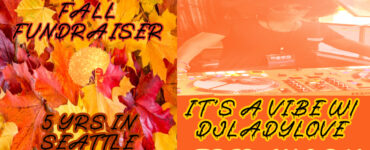 Promotional image for C89.5's Fall Fundraiser and 5-year celebration in Seattle, featuring a DJ event with DJ Lady Love on Friday at 8 PM, set against a background of vibrant autumn leaves.