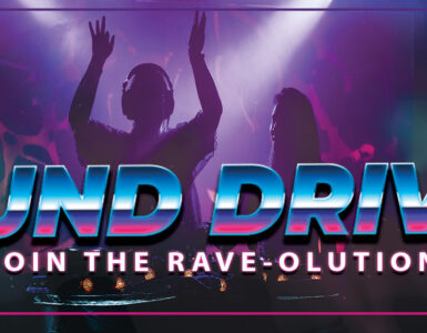 A graphic image of two people standing behind DJ decks, lifting their arms in the air. Below are the words: "Fall Fund Drive 2025" and below those "Join the Rave-olution."