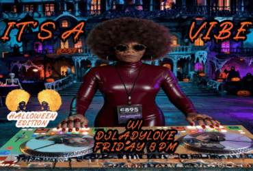 Promotional image for a Halloween-themed DJ event featuring DJ Lady Love, set against a spooky background with pumpkins, ghosts, and haunted houses. The DJ is at a turntable setup, wearing sunglasses and a shiny burgundy outfit.