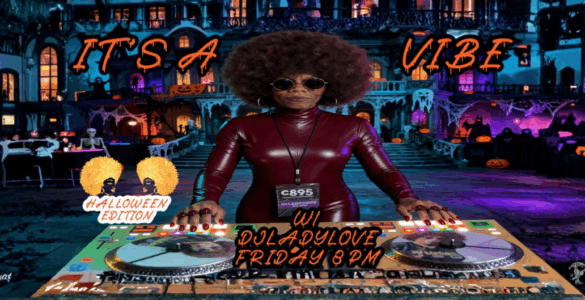Promotional image for a Halloween-themed DJ event featuring DJ Lady Love, set against a spooky background with pumpkins, ghosts, and haunted houses. The DJ is at a turntable setup, wearing sunglasses and a shiny burgundy outfit.