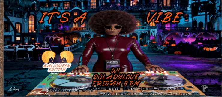 Promotional image for a Halloween-themed DJ event featuring DJ Lady Love, set against a spooky background with pumpkins, ghosts, and haunted houses. The DJ is at a turntable setup, wearing sunglasses and a shiny burgundy outfit.
