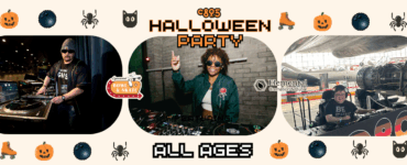 Promotional banner for C895 Halloween Party featuring three DJs at their turntables in themed settings. From left to right: a DJ in a dark studio, a DJ wearing a green outfit and sunglasses at a colorful setup, and a DJ with headphones at an industrial venue. Logos include "C895" and "Metropol". Decorated with festive Halloween icons. Text states "ALL AGES."