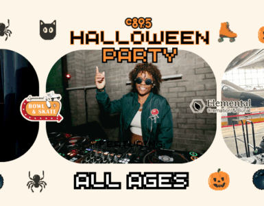 Promotional banner for C895 Halloween Party featuring three DJs at their turntables in themed settings. From left to right: a DJ in a dark studio, a DJ wearing a green outfit and sunglasses at a colorful setup, and a DJ with headphones at an industrial venue. Logos include "C895" and "Metropol". Decorated with festive Halloween icons. Text states "ALL AGES."