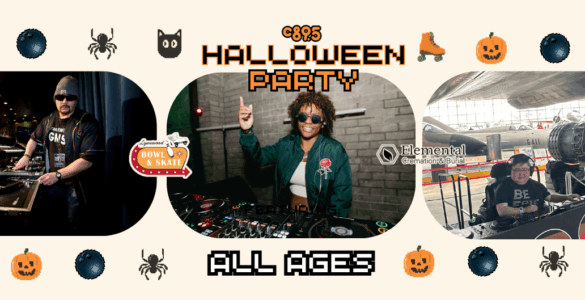 Promotional banner for C895 Halloween Party featuring three DJs at their turntables in themed settings. From left to right: a DJ in a dark studio, a DJ wearing a green outfit and sunglasses at a colorful setup, and a DJ with headphones at an industrial venue. Logos include "C895" and "Metropol". Decorated with festive Halloween icons. Text states "ALL AGES."