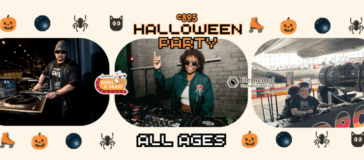 Promotional banner for C895 Halloween Party featuring three DJs at their turntables in themed settings. From left to right: a DJ in a dark studio, a DJ wearing a green outfit and sunglasses at a colorful setup, and a DJ with headphones at an industrial venue. Logos include "C895" and "Metropol". Decorated with festive Halloween icons. Text states "ALL AGES."