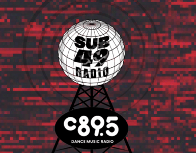 Promotional graphic for C89.5 Dance Music Radio featuring a mirrored disco ball atop a broadcasting tower, set against a red glitch art background with the text 'Sub 40 Radio'.