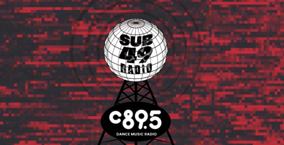Promotional graphic for C89.5 Dance Music Radio featuring a mirrored disco ball atop a broadcasting tower, set against a red glitch art background with the text 'Sub 40 Radio'.
