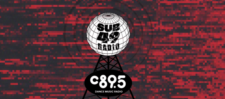 Promotional graphic for C89.5 Dance Music Radio featuring a mirrored disco ball atop a broadcasting tower, set against a red glitch art background with the text 'Sub 40 Radio'.
