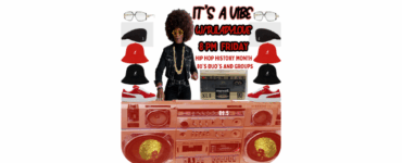 Promotional image for "It's a Vibe" event, featuring a large graphic of a vintage boombox and a silhouette of a person with an afro wearing sunglasses and a hat. Text announces an event at 8 PM Friday for Hip Hop History Month, focusing on '80s DJs and groups.
