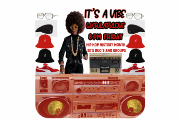 Promotional image for "It's a Vibe" event, featuring a large graphic of a vintage boombox and a silhouette of a person with an afro wearing sunglasses and a hat. Text announces an event at 8 PM Friday for Hip Hop History Month, focusing on '80s DJs and groups.