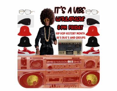 Promotional image for "It's a Vibe" event, featuring a large graphic of a vintage boombox and a silhouette of a person with an afro wearing sunglasses and a hat. Text announces an event at 8 PM Friday for Hip Hop History Month, focusing on '80s DJs and groups.