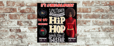 Promotional image for a Hip Hop themed event titled "It's A Vibe/Whirladylove", featuring the text "You never thought that Hip Hop would take it far" and "The 90's, Friday @ 8 PM". Includes an individual in a shiny red outfit with a voluminous afro hairstyle, standing against a background with a microphone, vinyl record, and cassette tape labeled 'Mixtape 101'.