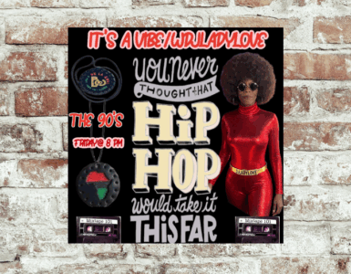 Promotional image for a Hip Hop themed event titled "It's A Vibe/Whirladylove", featuring the text "You never thought that Hip Hop would take it far" and "The 90's, Friday @ 8 PM". Includes an individual in a shiny red outfit with a voluminous afro hairstyle, standing against a background with a microphone, vinyl record, and cassette tape labeled 'Mixtape 101'.