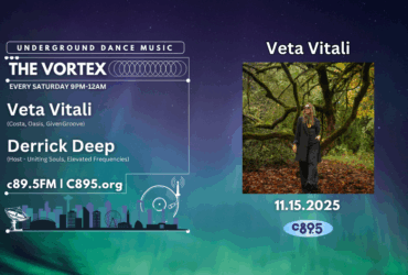 Promotional banner for "The Vortex" on C89.5, featuring underground dance music with upcoming guest Veta Vitali and host Derrick Deepwell. Set against a vibrant, abstract background, the right side shows a person standing in a forest with autumn leaves.