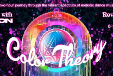 Promotional banner for 'Afterglow with Madlon - Color Theory', a music event scheduled for November 16, 2025. Features colorful, sparkling background with event details, including time from 8-10 PM Pacific and episode number EP 23.