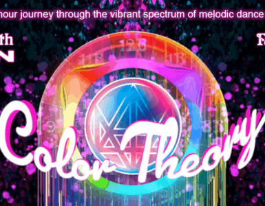 Promotional banner for 'Afterglow with Madlon - Color Theory', a music event scheduled for November 16, 2025. Features colorful, sparkling background with event details, including time from 8-10 PM Pacific and episode number EP 23.