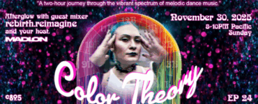 Promotional graphic for "Color Theory", an event featuring music by Madeon, airing on November 30, 2025. Includes an image of a person with face paint framed by colorful, circular designs. The event is described as a two-hour journey through melodic dance music, scheduled from 8-10 PM Pacific.