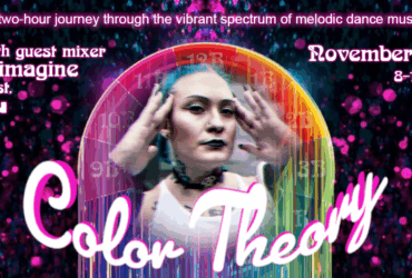 Promotional graphic for "Color Theory", an event featuring music by Madeon, airing on November 30, 2025. Includes an image of a person with face paint framed by colorful, circular designs. The event is described as a two-hour journey through melodic dance music, scheduled from 8-10 PM Pacific.