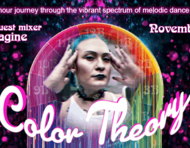 Promotional graphic for "Color Theory", an event featuring music by Madeon, airing on November 30, 2025. Includes an image of a person with face paint framed by colorful, circular designs. The event is described as a two-hour journey through melodic dance music, scheduled from 8-10 PM Pacific.