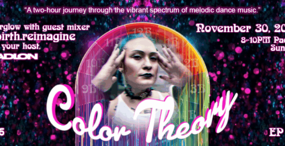 Promotional graphic for "Color Theory", an event featuring music by Madeon, airing on November 30, 2025. Includes an image of a person with face paint framed by colorful, circular designs. The event is described as a two-hour journey through melodic dance music, scheduled from 8-10 PM Pacific.