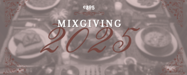 Promotional poster for C89.5 Mixgiving 2025 event, featuring elegant script and decorative elements on a red background, with the text 'You are cordially invited...'