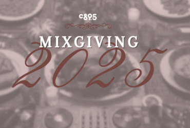 Promotional poster for C89.5 Mixgiving 2025 event, featuring elegant script and decorative elements on a red background, with the text 'You are cordially invited...'