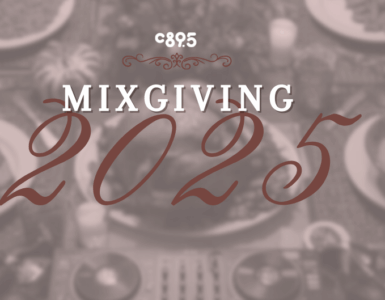 Promotional poster for C89.5 Mixgiving 2025 event, featuring elegant script and decorative elements on a red background, with the text 'You are cordially invited...'