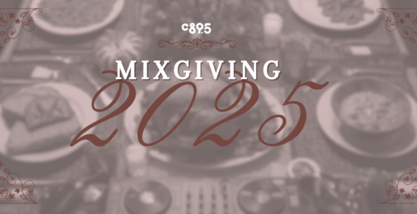Promotional poster for C89.5 Mixgiving 2025 event, featuring elegant script and decorative elements on a red background, with the text 'You are cordially invited...'
