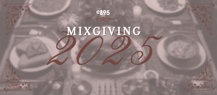 Promotional poster for C89.5 Mixgiving 2025 event, featuring elegant script and decorative elements on a red background, with the text 'You are cordially invited...'