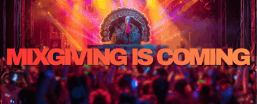 Promotional banner for an event titled 'MXGIVING IS COMING,' featuring vibrant stage lights and a lively crowd atmosphere. The DJ on the stage is a large turkey.