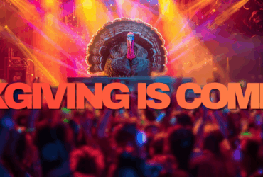 Promotional banner for an event titled 'MXGIVING IS COMING,' featuring vibrant stage lights and a lively crowd atmosphere. The DJ on the stage is a large turkey.