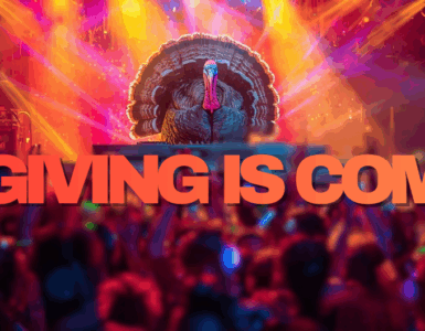 Promotional banner for an event titled 'MXGIVING IS COMING,' featuring vibrant stage lights and a lively crowd atmosphere. The DJ on the stage is a large turkey.