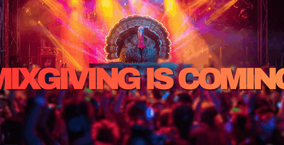 Promotional banner for an event titled 'MXGIVING IS COMING,' featuring vibrant stage lights and a lively crowd atmosphere. The DJ on the stage is a large turkey.