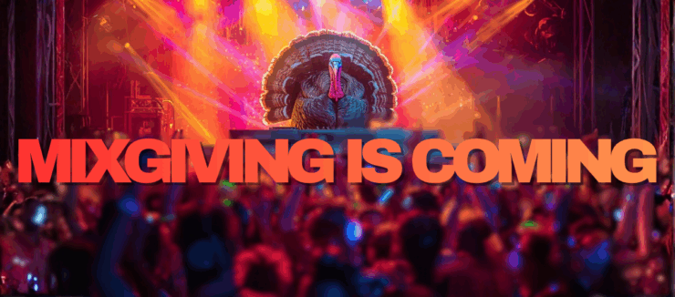 Promotional banner for an event titled 'MXGIVING IS COMING,' featuring vibrant stage lights and a lively crowd atmosphere. The DJ on the stage is a large turkey.