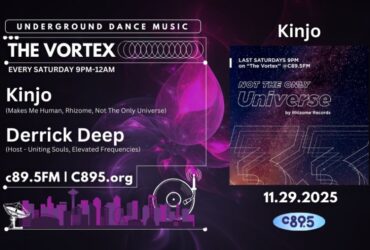 Promotional banner for "The Vortex" underground dance music radio show on C895, featuring DJ Derrick Hope and Kinjo, airing every Saturday 9PM-12AM, with a dark neon-themed design and date 11.29.2025.