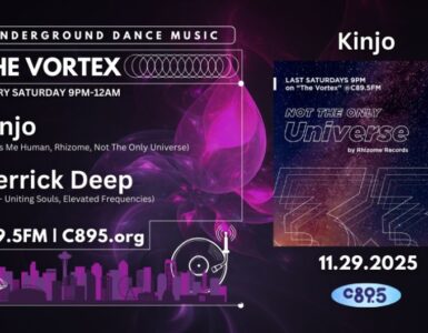 Promotional banner for "The Vortex" underground dance music radio show on C895, featuring DJ Derrick Hope and Kinjo, airing every Saturday 9PM-12AM, with a dark neon-themed design and date 11.29.2025.