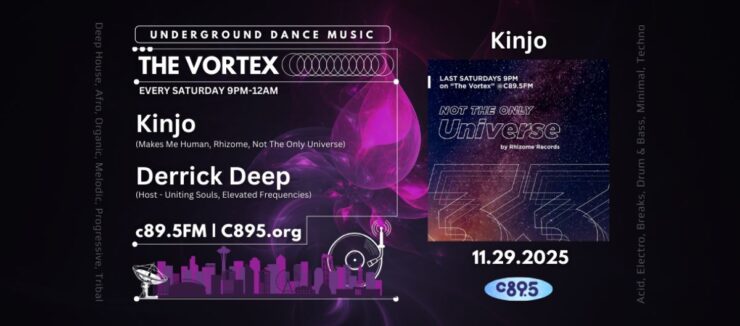 Promotional banner for "The Vortex" underground dance music radio show on C895, featuring DJ Derrick Hope and Kinjo, airing every Saturday 9PM-12AM, with a dark neon-themed design and date 11.29.2025.