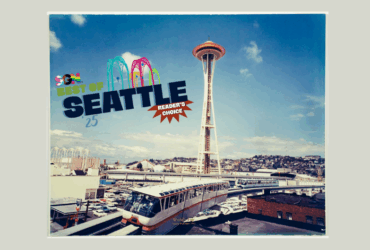 Aerial view of Seattle featuring the iconic Space Needle under a clear sky, with colorful text and graphics saying "Best of Seattle" in the upper left corner.