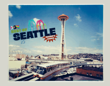 Aerial view of Seattle featuring the iconic Space Needle under a clear sky, with colorful text and graphics saying "Best of Seattle" in the upper left corner.