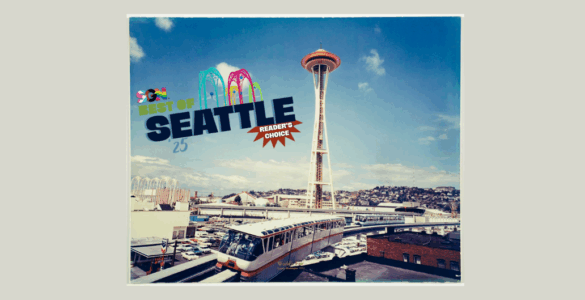 Aerial view of Seattle featuring the iconic Space Needle under a clear sky, with colorful text and graphics saying "Best of Seattle" in the upper left corner.
