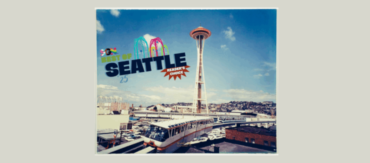 Aerial view of Seattle featuring the iconic Space Needle under a clear sky, with colorful text and graphics saying "Best of Seattle" in the upper left corner.