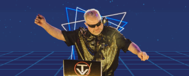 Person DJing at a booth with the "Party Time" logo, against a neon blue grid background.
