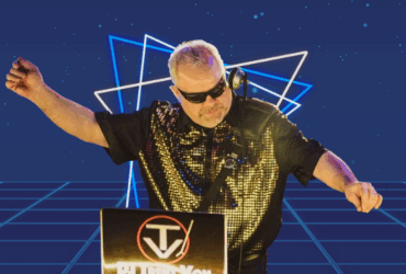 Person DJing at a booth with the "Party Time" logo, against a neon blue grid background.