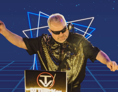 Person DJing at a booth with the "Party Time" logo, against a neon blue grid background.