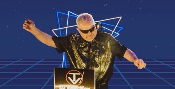 Person DJing at a booth with the "Party Time" logo, against a neon blue grid background.