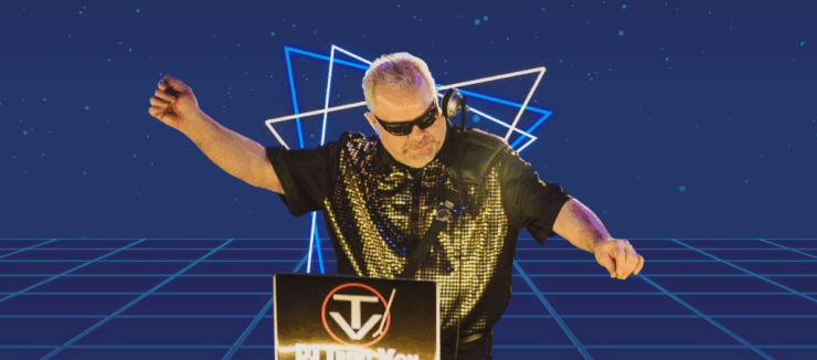 Person DJing at a booth with the "Party Time" logo, against a neon blue grid background.