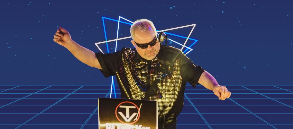 Person DJing at a booth with the "Party Time" logo, against a neon blue grid background.