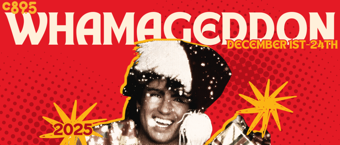Promotional banner for Whamageddon, featuring a joyful person with a wide smile, set against a red and yellow dotted background with starbursts and the dates December 1st-24th displayed prominently.