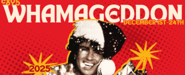Promotional banner for Whamageddon, featuring a joyful person with a wide smile, set against a red and yellow dotted background with starbursts and the dates December 1st-24th displayed prominently.